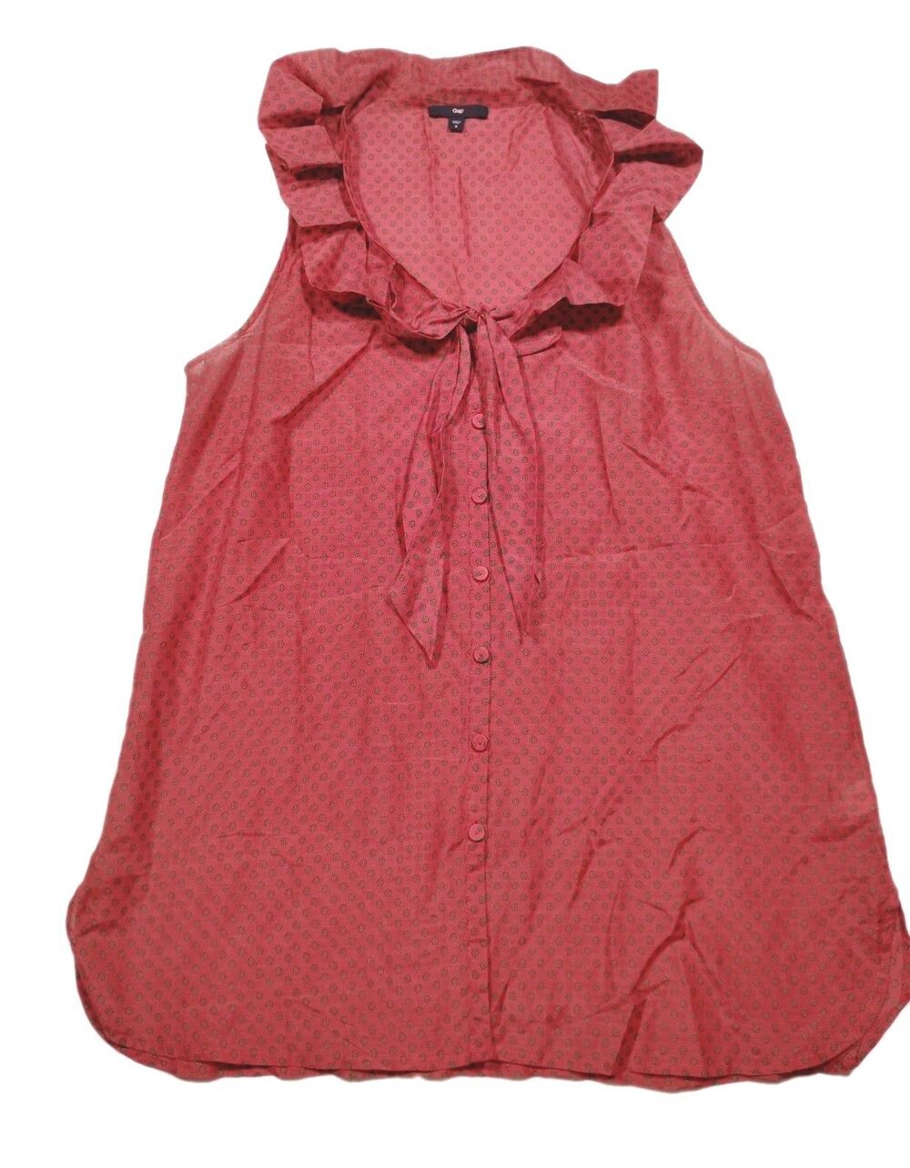 Gap Blouse Silk Red Floral Sleeveless Blouse S Ruffle Collar Bow Button Down